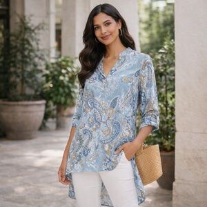 Chico’s Blue Paisley Boho High Low Tunic Blouse Lagenlook Top Size 2/Large